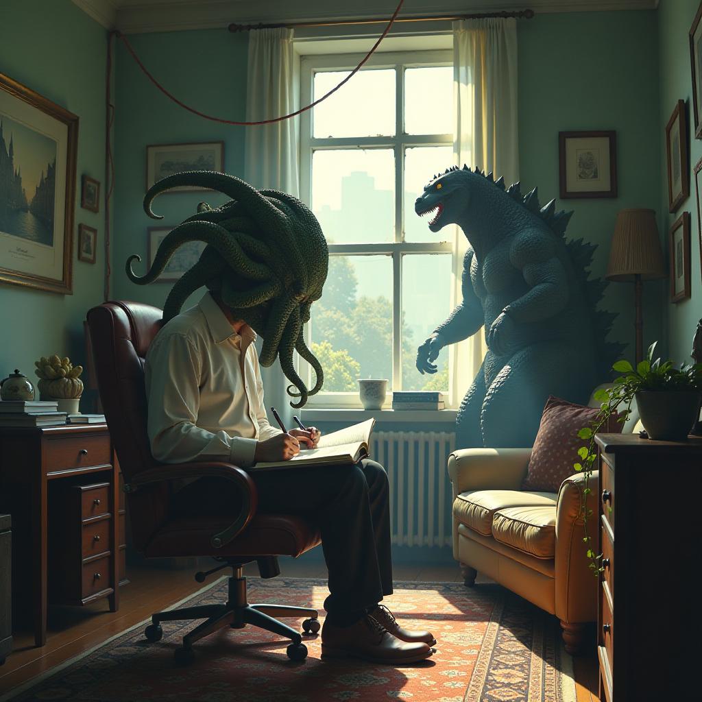  lovecraftian horror sunny day. small office. a man with cthulhu's head sits in a chair and writes in a notebook. godzilla is on the couch. . eldritch, cosmic horror, unknown, mysterious, surreal, highly detailed