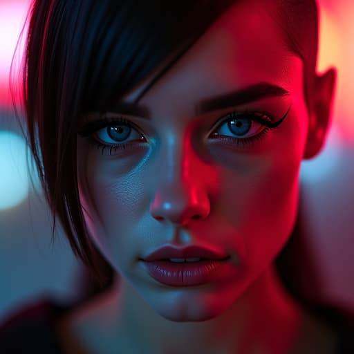  ultra realistic close up portrait ((beautiful pale cyberpunk female with heavy black eyeliner)), blue eyes, shaved side haircut, hyper detail, cinematic lighting, magic neon, dark red city, canon eos r3, nikon, f/1.4, iso 200, 1/160s, 8k, raw, unedited, symmetrical balance, in frame, 8k hyperrealistic, full body, detailed clothing, highly detailed, cinematic lighting, stunningly beautiful, intricate, sharp focus, f/1. 8, 85mm, (centered image composition), (professionally color graded), ((bright soft diffused light)), volumetric fog, trending on instagram, trending on tumblr, HDR 4K, 8K