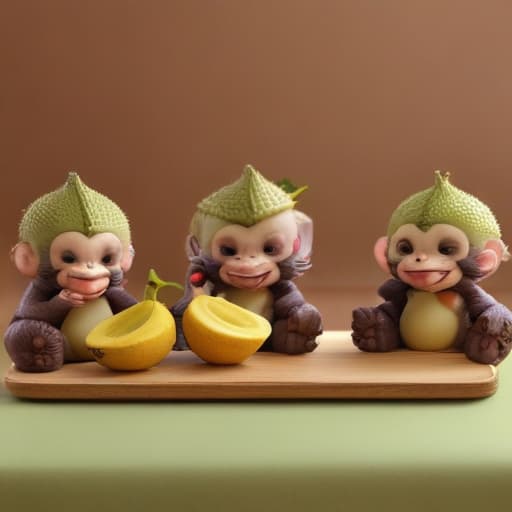 3 happy cute monkeys playing on the table with Thai fruits banana Durian Mango mangosteen Thai style 3D Art toy in Cartoon style