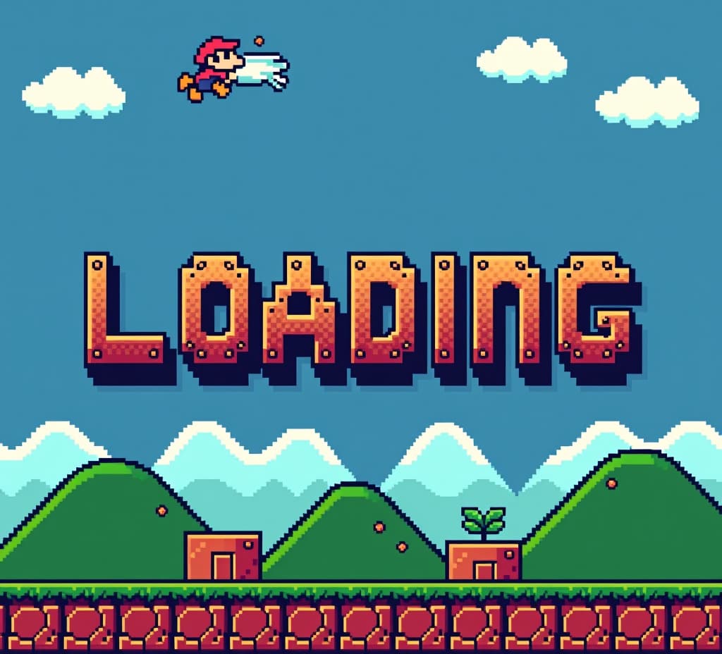  the 'loading' text in pixel art style of 90s games like mario