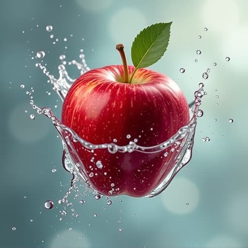  apple flying through the air with water