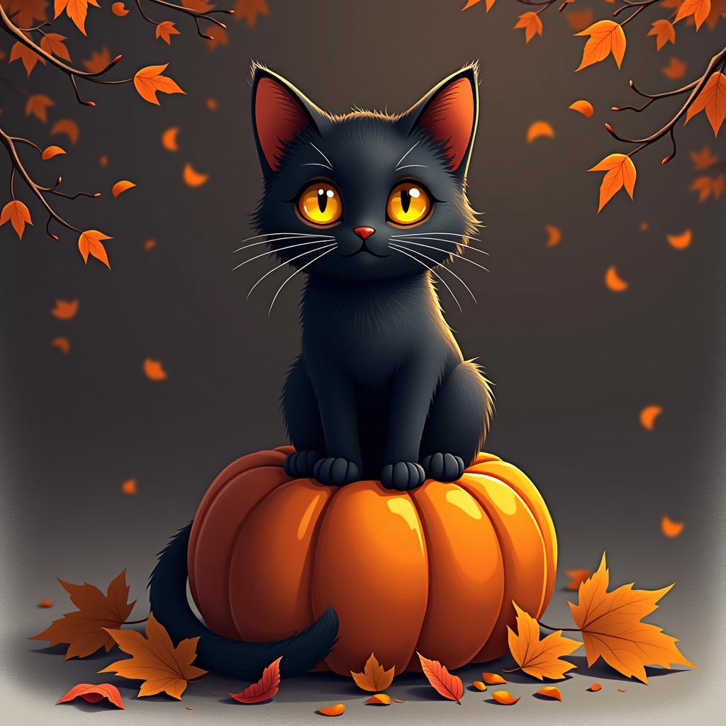  a cute black cat with glowing eyes sitting on a pumpkin, surrounded by swirling autumn leaves in a whimsical style, with warm, moody lighting. t shirt design, vector, contour, white background, no mockup hyperrealistic, full body, detailed clothing, highly detailed, cinematic lighting, stunningly beautiful, intricate, sharp focus, f/1. 8, 85mm, (centered image composition), (professionally color graded), ((bright soft diffused light)), volumetric fog, trending on instagram, trending on tumblr, HDR 4K, 8K