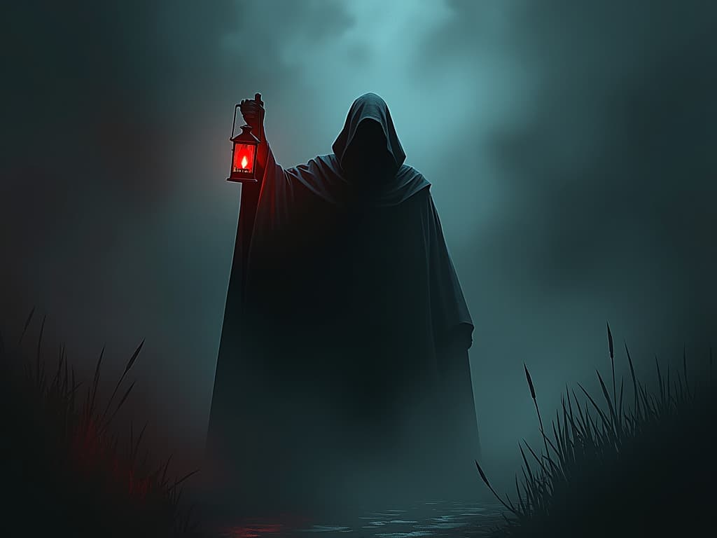  a spectral figure holding a dimly lit lantern, emerging from the fog, sense of uncertainty, apprehension.. the style is dark fantasy and mysterious occult, symbolic, moody lighting, esoteric vibe,high detail on character design. for the color scheme emphasize blacks and reds.