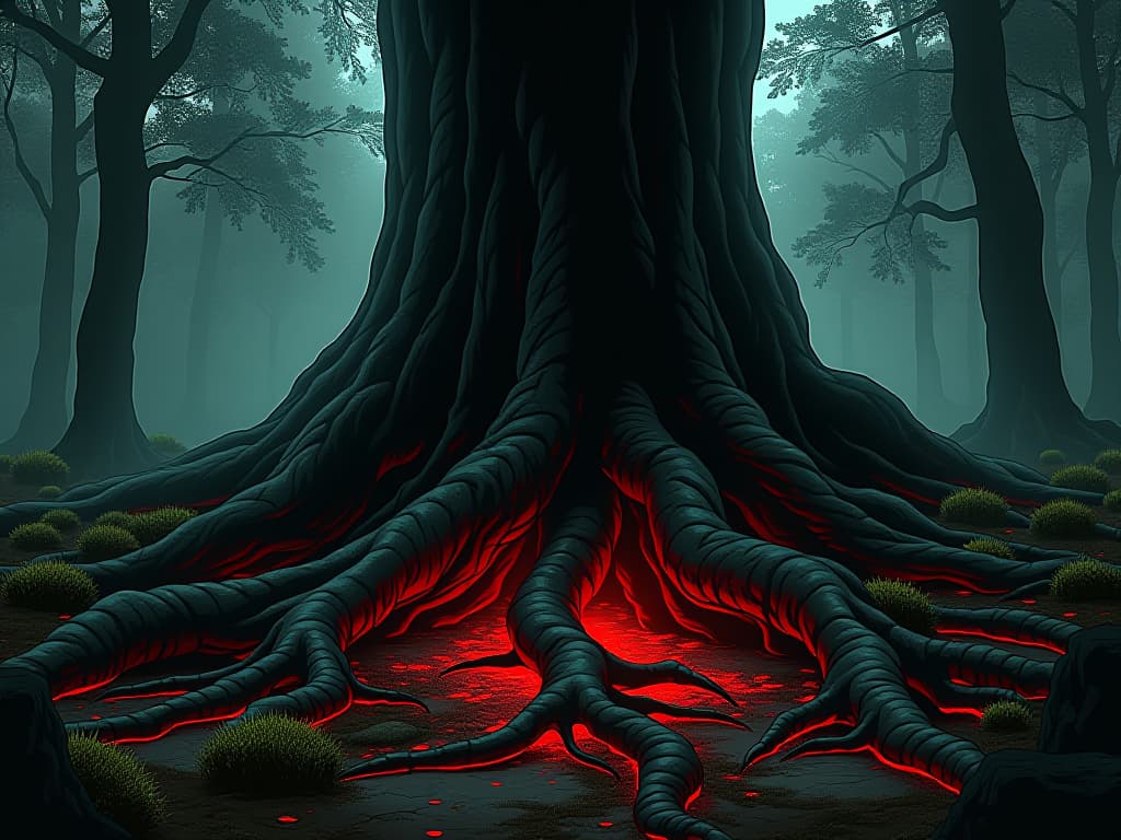  tree roots anchoring into soil, sense of stability and grounding, moss covered forest floor, presence in the moment. the style is digital art illustration / modern comic book / graphic dark novel fantasy and mysterious occult, symbolic, moody lighting, esoteric vibe,high detail on character design. for the color scheme emphasize blacks and reds.