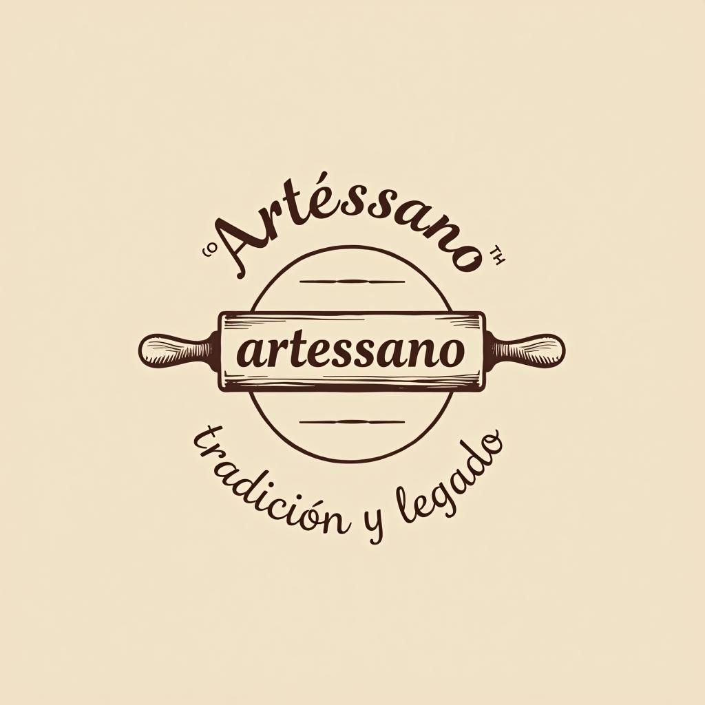  design a logo, in a pencil style. brand: “artessano” simple and elegant design circular design light and brown tones use a rolling pin image put the brand name inside the image of the rolling pin, with the text 'tradición y legado'.