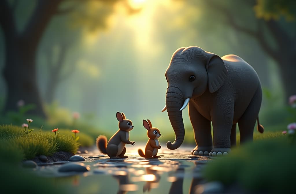  that evening, kavi, the elephant gathered his friends—pooja the rabbit, ravi the squirrel, and muthu the monkey—to discuss the issue. kavi said, “we need water. animals all over the forest are suffering. let’s work together to dig a pond.” create the 3d fantasy image based on the given scenario with characters wearing clothes and walking in two legs. hyperrealistic, full body, detailed clothing, highly detailed, cinematic lighting, stunningly beautiful, intricate, sharp focus, f/1. 8, 85mm, (centered image composition), (professionally color graded), ((bright soft diffused light)), volumetric fog, trending on instagram, trending on tumblr, HDR 4K, 8K