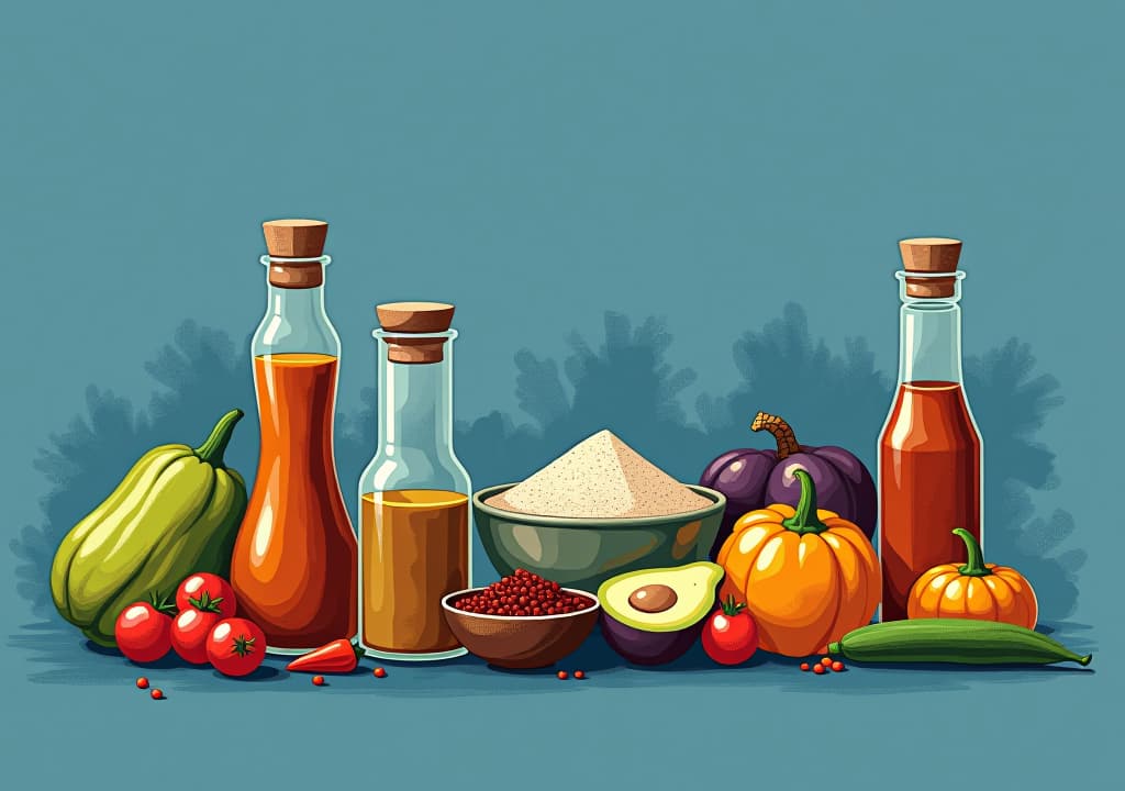  stylized vector art of kitchen spices on a blue background.