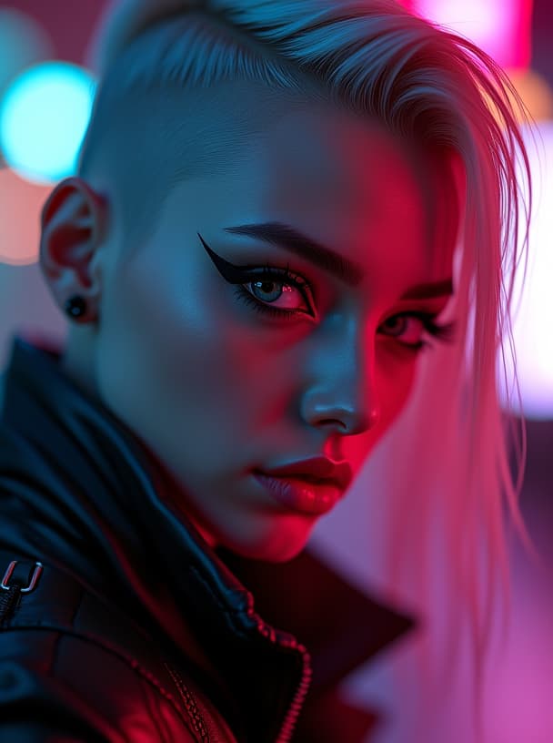  ultra realistic close up portrait ((beautiful pale cyberpunk female with heavy black eyeliner)), blue eyes, shaved side haircut, hyper detail, cinematic lighting, magic neon, dark red city, canon eos r3, nikon, f/1.4, iso 200, 1/160s, 8k, raw, unedited, symmetrical balance, in frame, 8k hyperrealistic, full body, detailed clothing, highly detailed, cinematic lighting, stunningly beautiful, intricate, sharp focus, f/1. 8, 85mm, (centered image composition), (professionally color graded), ((bright soft diffused light)), volumetric fog, trending on instagram, trending on tumblr, HDR 4K, 8K