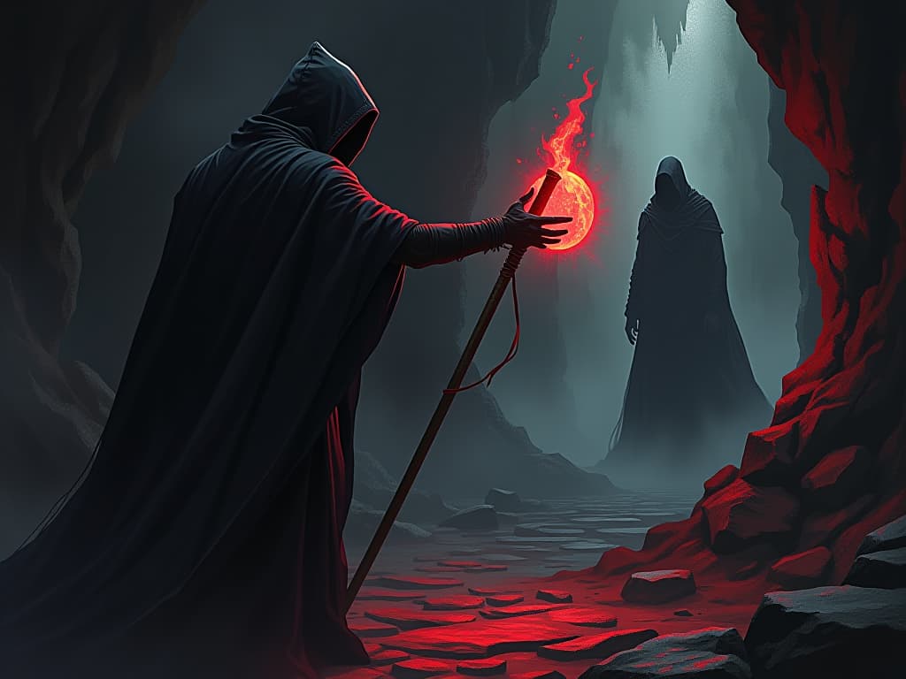  hooded mage wielding a staff, casting an illumination spell towards a darkened figure. shadowy cave, glowing runes, clash of light against darkness.. the style is dark fantasy and mysterious occult, symbolic, moody lighting, esoteric vibe,high detail on character design. for the color scheme emphasize blacks and reds.