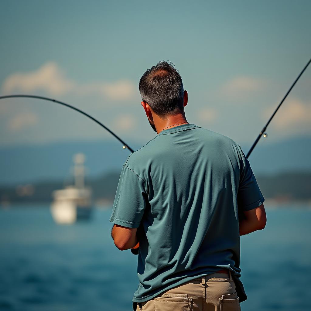  a man fishing with his back to the camera.