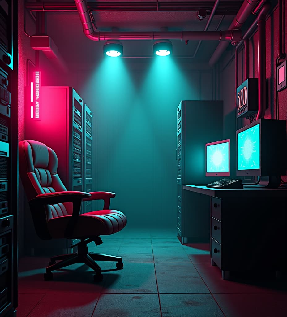  dark cyberpunk chair in a room underground in the sewers, full of network servers, pc monitors, circuitry, pipelines, power lines, the room has steam, the light falls from left to right, with a warm glow. the image needs to be in hq, 2k textures, the colours used should be pink, red, dark cyan, fucsia and green.