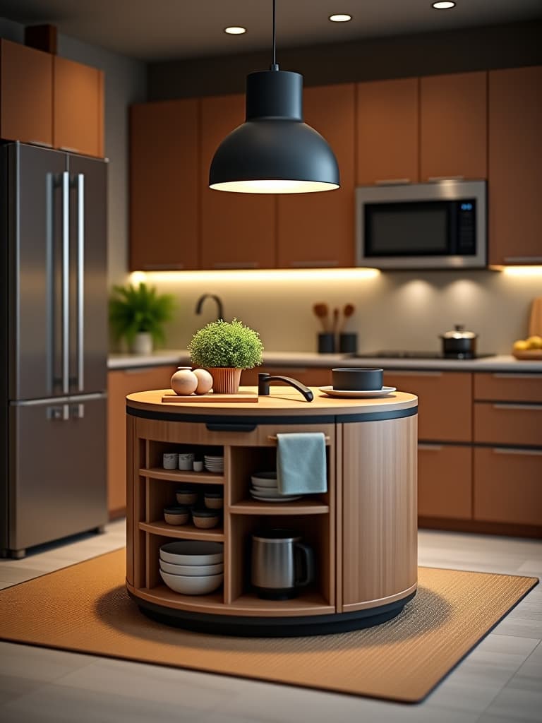  high quality portrait photo of an ultra compact circular kitchen island with a rotating top, featuring built in cutting board, sink, and storage compartments, set in a tiny, efficiently designed kitchen hyperrealistic, full body, detailed clothing, highly detailed, cinematic lighting, stunningly beautiful, intricate, sharp focus, f/1. 8, 85mm, (centered image composition), (professionally color graded), ((bright soft diffused light)), volumetric fog, trending on instagram, trending on tumblr, HDR 4K, 8K