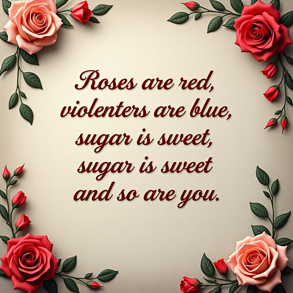  write this poem with cursive text on a background that fits the words: roses are red violets are blue, sugar is sweet and so are you. photo realistic, highly intricate and detailed, masterpiece, ultra high res,photography,8k resolution