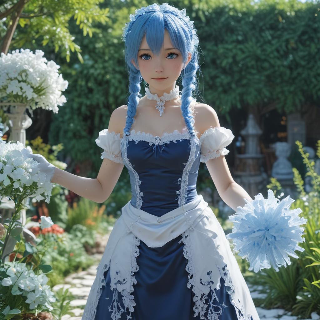 ((masterpiece)),(((best quality))), 8k, high detailed, ultra detailed, Rem from Re:Zero, a girl with blue hair and maid outfit, casting a powerful ice spell, creating intricate ice sculptures in a magical garden hyperrealistic, full body, detailed clothing, highly detailed, cinematic lighting, stunningly beautiful, intricate, sharp focus, f/1. 8, 85mm, (centered image composition), (professionally color graded), ((bright soft diffused light)), volumetric fog, trending on instagram, trending on tumblr, HDR 4K, 8K