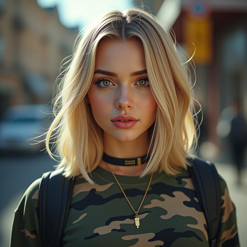  make an image a blonde bob woman with dark brown eyes and dressed in streetwear