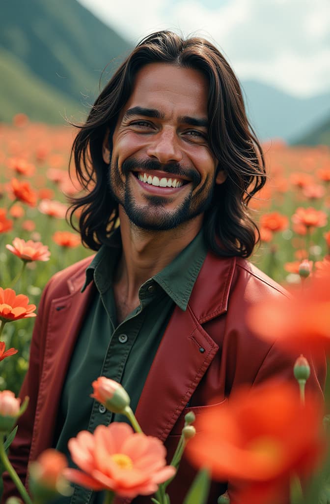  happy jack sparrow in a beautiful field of flowers, colorful flowers everywhere, perfect lighting, leica summicron 35mm f2.0, kodak portra 400, film grain, naruto fan art, realistic, portrait, art by donato giancola and greg rutkowski, realistic face, digital art, trending on artstation hyperrealistic, full body, detailed clothing, highly detailed, cinematic lighting, stunningly beautiful, intricate, sharp focus, f/1. 8, 85mm, (centered image composition), (professionally color graded), ((bright soft diffused light)), volumetric fog, trending on instagram, trending on tumblr, HDR 4K, 8K