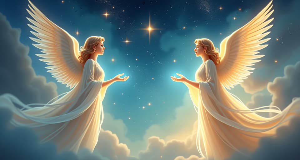  translucent, ethereal angels with flowing robes, their voices depicted as light waves filled with urgency. the background of a celestial sky with stars shimmering, representing urgent divine guidance.. the style is digital art illustration,highly detailed, whimsical,magical, dreamlike atmosphere, realism and fantasy blend, smooth, glossy textures,luminous quality, wonder and enchantment.