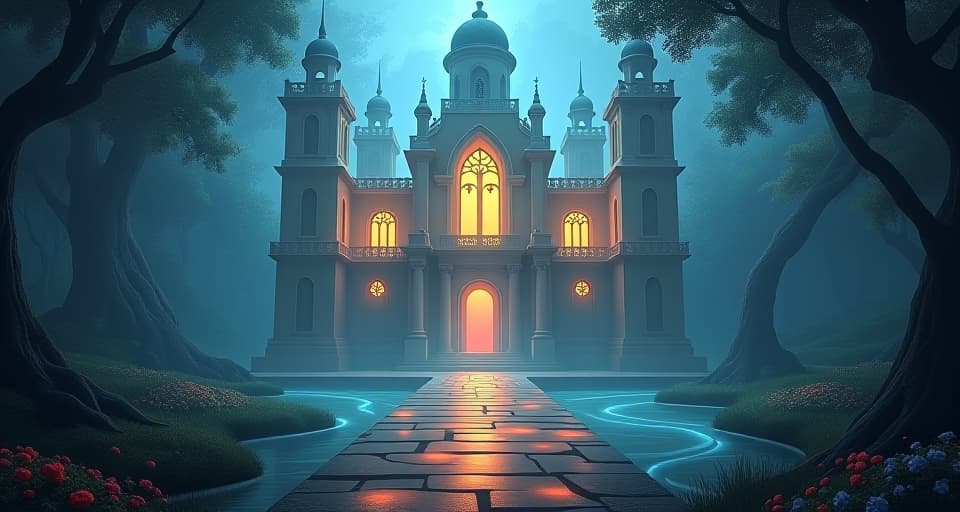  ethereal palace with walls pulsating with light, radiant currents visible. magical forest surrounding, symbolizing untamed energy.. the style is digital art illustration,highly detailed, whimsical,magical, dreamlike atmosphere, realism and fantasy blend, smooth, glossy textures,luminous quality, wonder and enchantment.