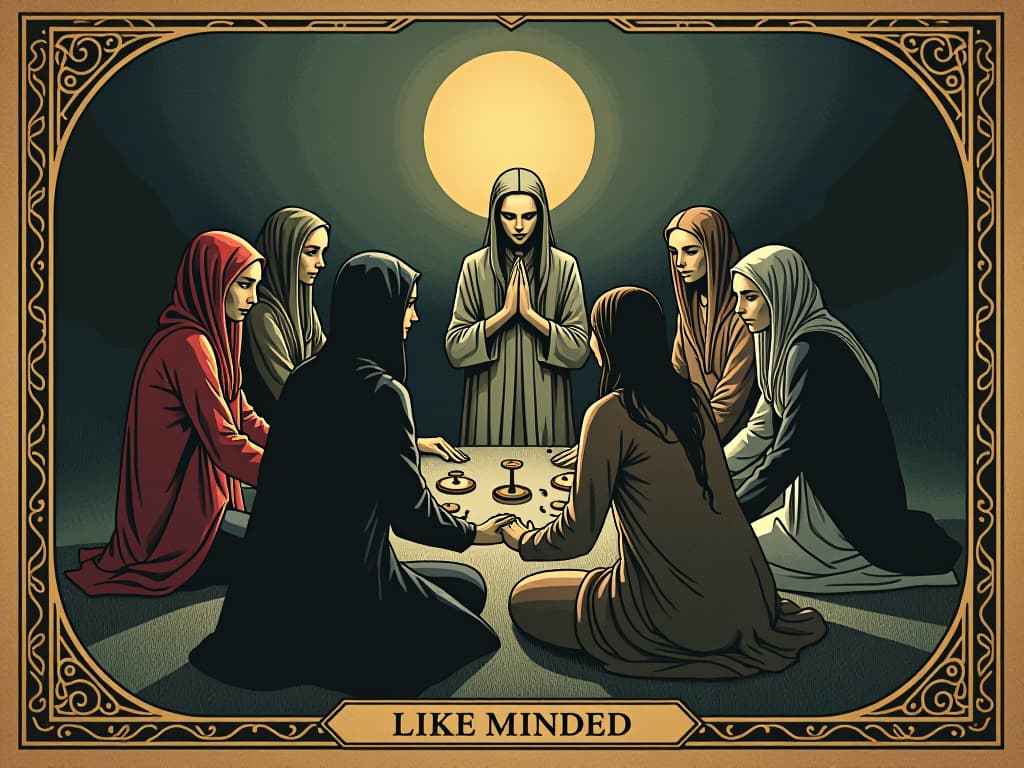  community of like minded, figures gathered in circle, supporting each other, unity and empowerment. an illustration in the style of a worn, mystical old tarot trump card, mysterious and elements of surrealism. the colors are muted, somber and eerie, but with contrast bring out an occult and esoteric vibe.