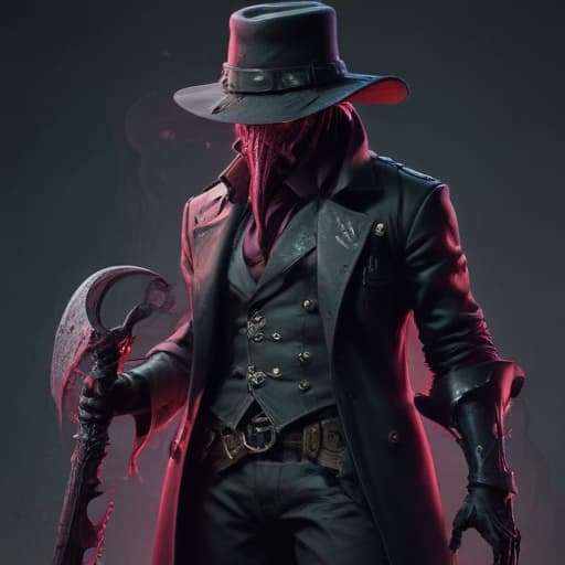 Lovecraftian character Cthulhu, with the hunter hat, and the saw cleaver, with bloodborne weapons, full body, in the style bloodborne style, vaporwave poster, flat art, 2d, digital art, neon, tron, artstation, 70's, retro, high quality