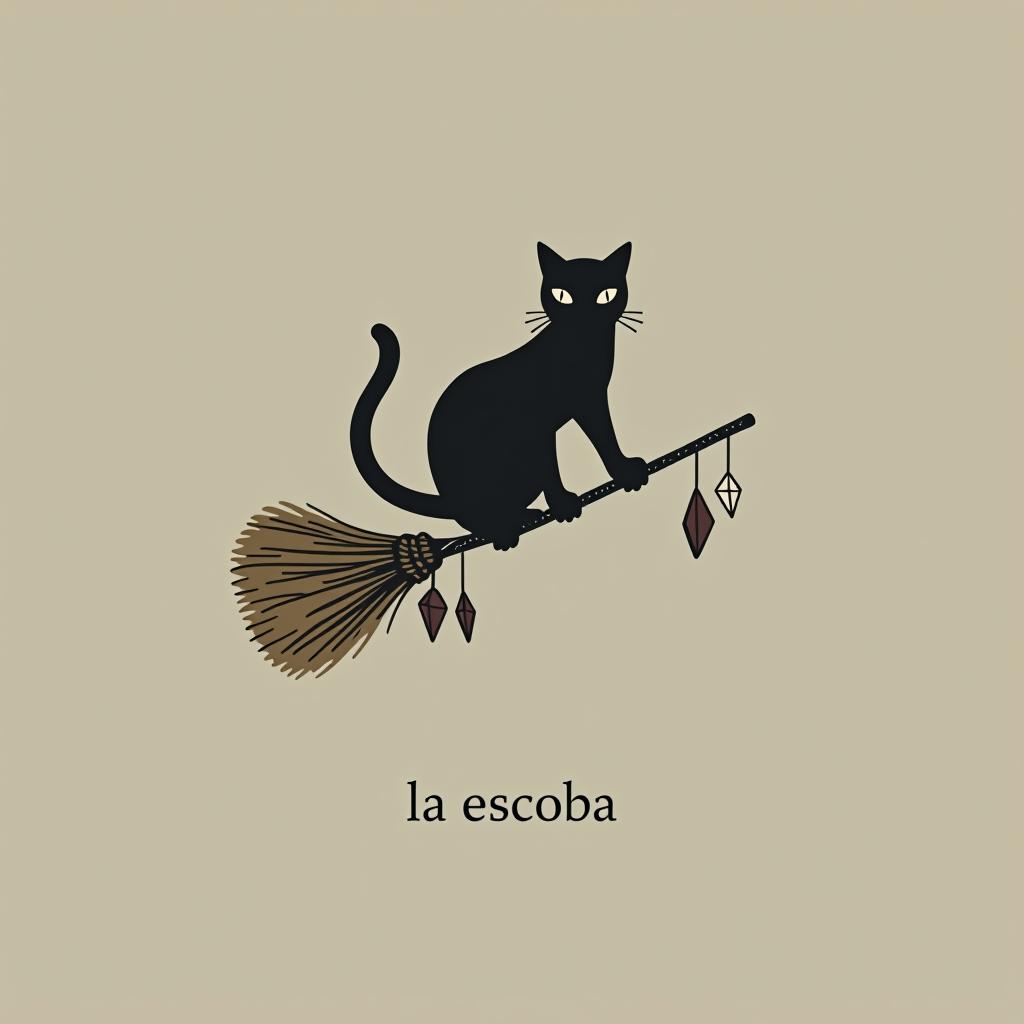  design a logo, in a minimalism style. witchy, black cat riding on a broom, dried herbs hanging off broom, cottage core aesthetic, crystals,spells, with the text 'la escoba'.