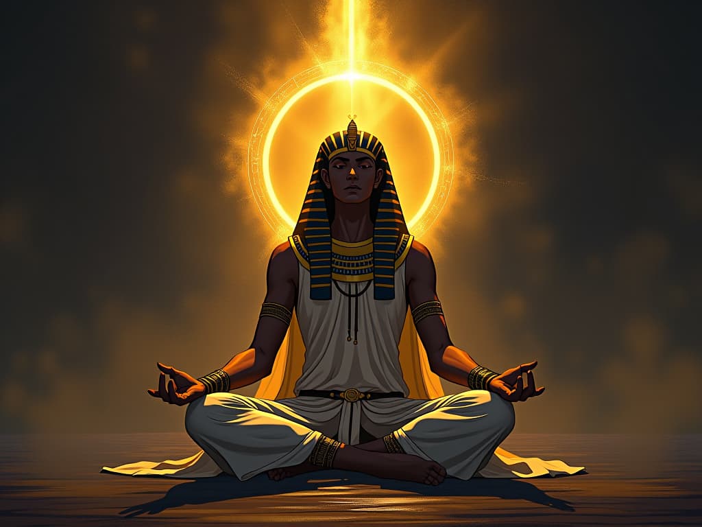  golden aura emanating from a meditating figure, surrounded by shadows, symbolizing the promise of understanding and calming presence. the style is digital art illustration / modern comic book / mysterious occult, symbolic, esoteric vibe,high detail on character design, incorporating ancient egyptian symbology and attire.