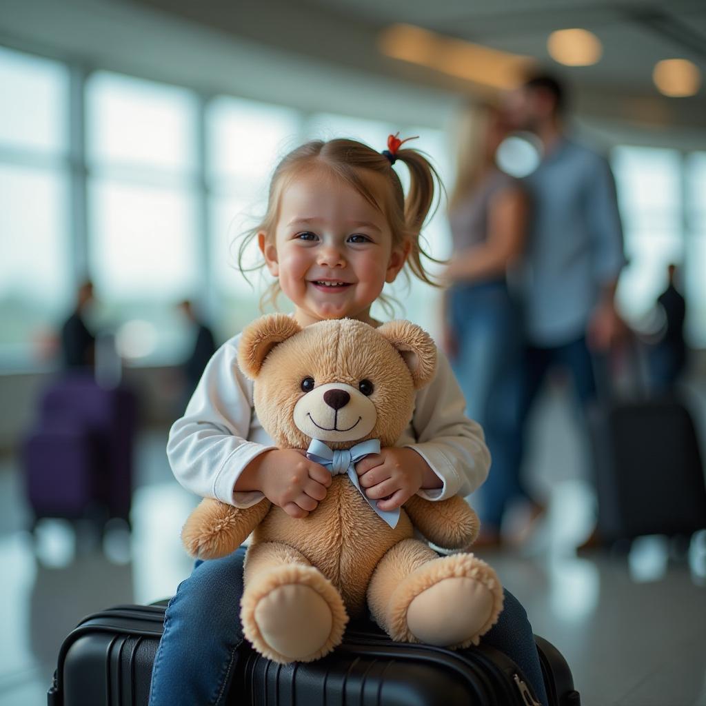  professional detailed photography, happy little girl sitting on suitcase and holding teddy bear, happy mom and dad in background, blurry background, airport, (muted colors, dim colors, soothing tones), (vsco:0.3)