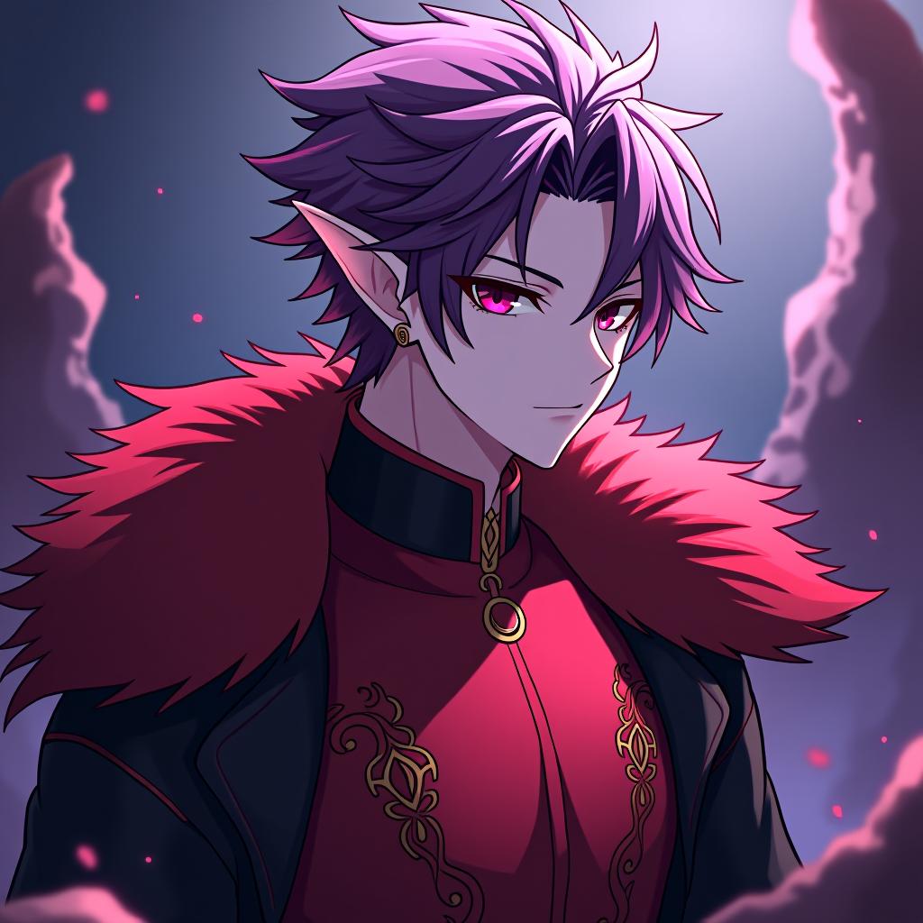  anime artwork dark elf male rock performer marble white skin, purple scarlet hair, lavender eyes with a red tint, dressed in a red violet shirt embroidered with red gold over the shirt wears a leather coat with a fur collar of dark scarlet, hairstyle in the style of hedgehog hair. an earring in the ear, in the shape of a month. the crescent moon tattoo . anime style, key visual, vibrant, studio anime, highly detailed hyperrealistic, full body, detailed clothing, highly detailed, cinematic lighting, stunningly beautiful, intricate, sharp focus, f/1. 8, 85mm, (centered image composition), (professionally color graded), ((bright soft diffused light)), volumetric fog, trending on instagram, trending on tumblr, HDR 4K, 8K