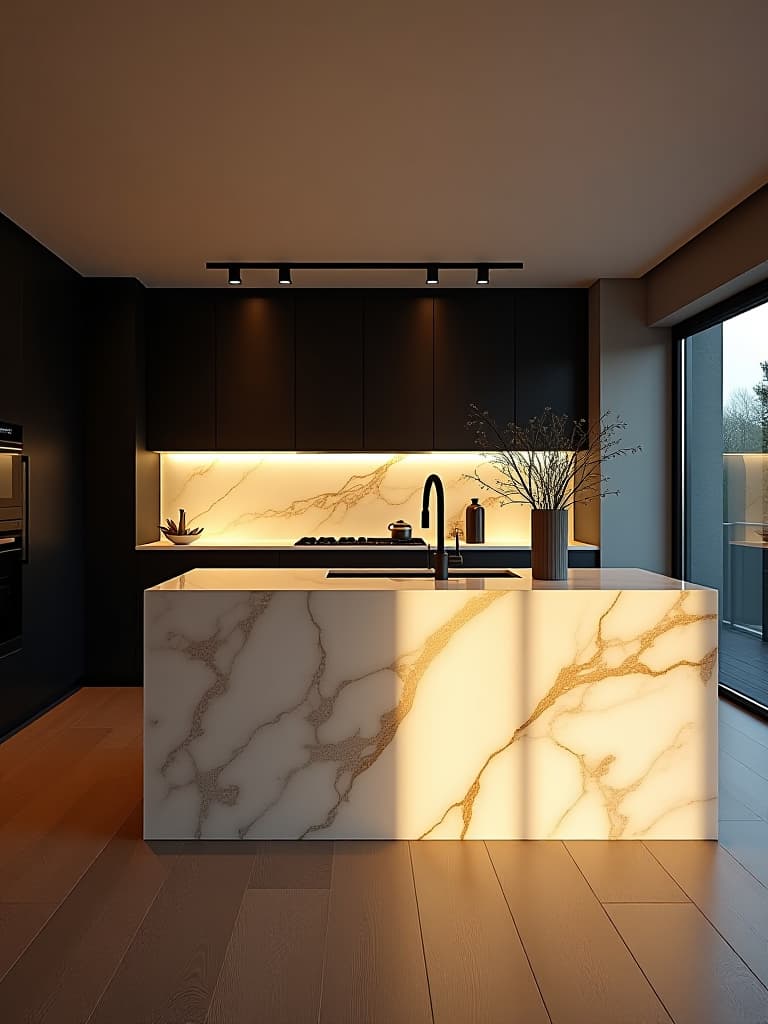  high quality portrait photo of a contemporary open plan kitchen with a backlit onyx island, emitting a soft, ethereal glow, contrasting with matte black cabinetry and stainless steel appliances hyperrealistic, full body, detailed clothing, highly detailed, cinematic lighting, stunningly beautiful, intricate, sharp focus, f/1. 8, 85mm, (centered image composition), (professionally color graded), ((bright soft diffused light)), volumetric fog, trending on instagram, trending on tumblr, HDR 4K, 8K