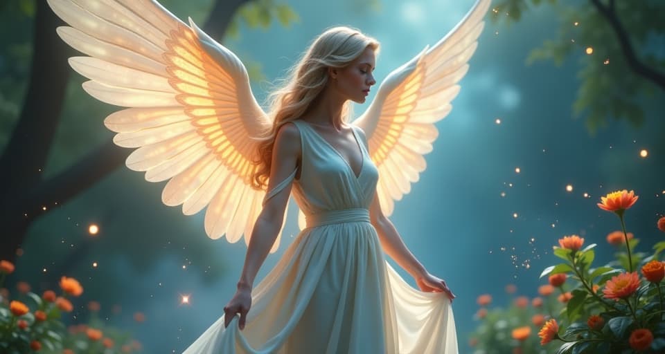  a close up of an ethereal angel with glowing wings, standing strong and confident in a luminescent enchanted garden. her flowing, translucent robe emits a soft, magical light, embodying alignment with divine truth.. the style is digital art illustration,highly detailed, whimsical,magical, dreamlike atmosphere, realism and fantasy blend, smooth, glossy textures,luminous quality, wonder and enchantment.