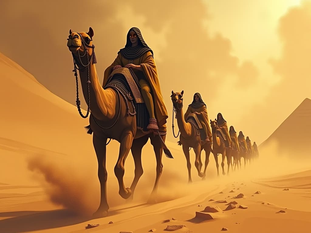  camel caravan moving through a sandstorm, resilient and undeterred, symbolizing thriving amid chaos. the style is digital art illustration / modern comic book / mysterious occult, symbolic, esoteric vibe,high detail on character design, incorporating ancient egyptian symbology and attire.