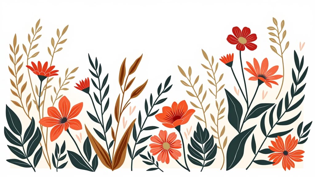  stylized vector art of flowers and leaves on a white background.