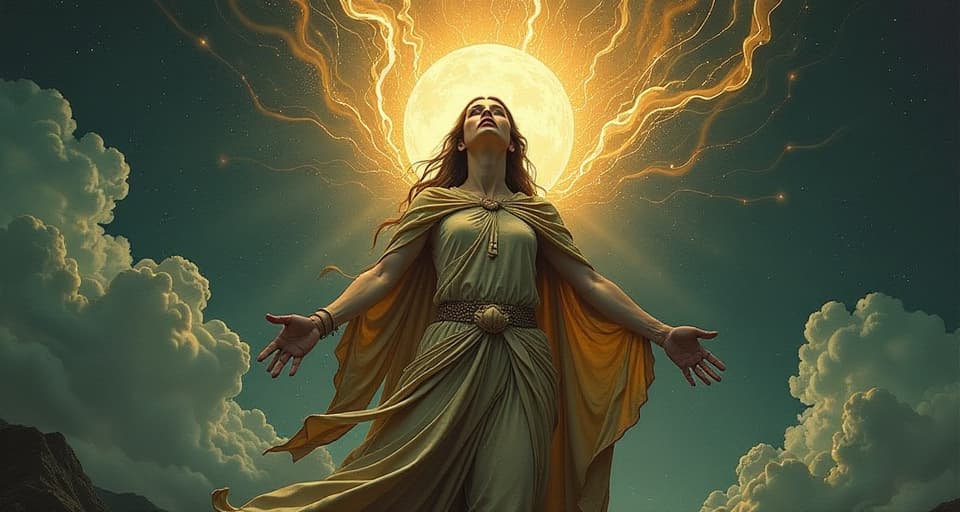  a radiant figure ascending skyward, glowing aura, intricate patterns on clothing, heightened, luminous, unstoppable. an illustration in the style of a worn, mystical old tarot trump card, mysterious and elements of surrealism. the colors are muted, somber and eerie, but with contrast bring out an occult and esoteric vibe.