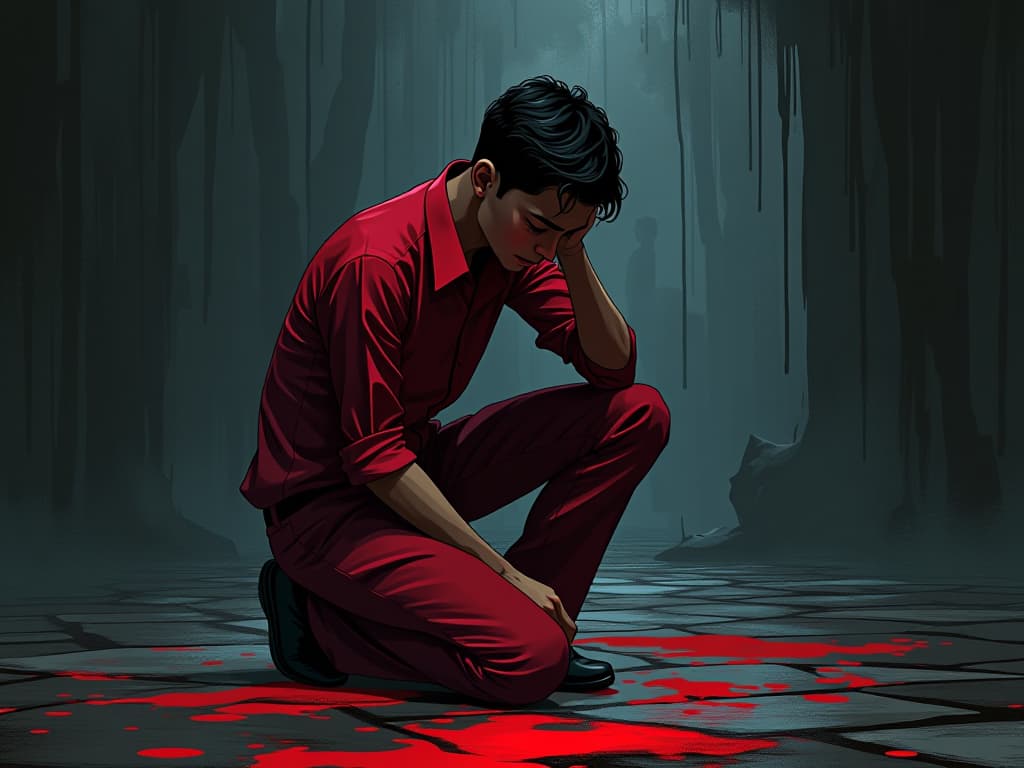  colleague in red pants and shirt, kneeling, tearful eyes, reflective pose, background of broken relationships. the style is digital art illustration / modern comic book / graphic dark novel fantasy and mysterious occult, symbolic, moody lighting, esoteric vibe,high detail on character design. for the color scheme emphasize blacks and reds.