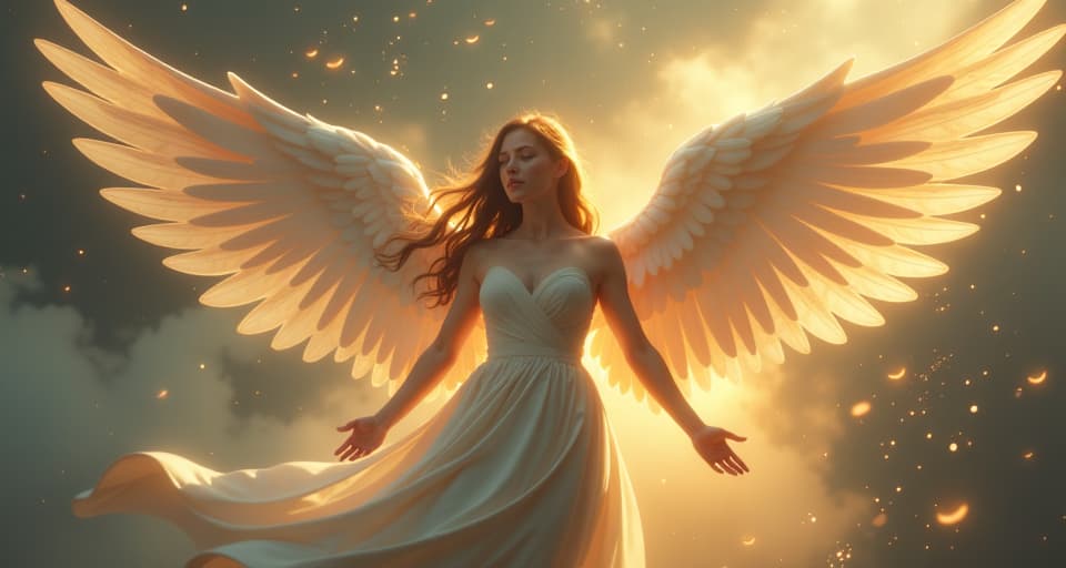  a majestic angel with ethereal wings, not with judgment but with purpose, surrounded by glowing light. the atmosphere is calm yet intentional, filled with profound purpose.. the style is digital art illustration,highly detailed, whimsical,magical, dreamlike atmosphere, realism and fantasy blend, smooth, glossy textures,luminous quality, wonder and enchantment.