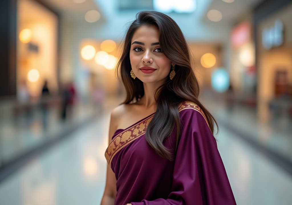  a hot and beautiful girl wearing a dark purple saree in a mall