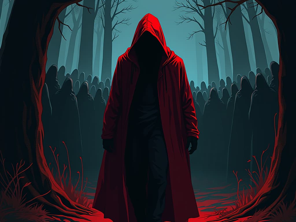  person in red hooded cloak, sneaking away from a crowd, edge of a dark forest, sense of avoidance. the style is digital art illustration / modern comic book / graphic dark novel fantasy and mysterious occult, symbolic, moody lighting, esoteric vibe,high detail on character design. for the color scheme emphasize blacks and reds.