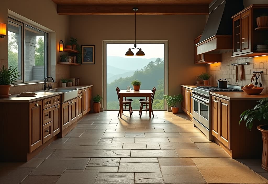  a landscape photo of a rustic modern kitchen featuring natural stone tile flooring with varied earthy tones and textures. the floor's organic patterns complement wooden cabinetry and create a grounded, timeless feel hyperrealistic, full body, detailed clothing, highly detailed, cinematic lighting, stunningly beautiful, intricate, sharp focus, f/1. 8, 85mm, (centered image composition), (professionally color graded), ((bright soft diffused light)), volumetric fog, trending on instagram, trending on tumblr, HDR 4K, 8K