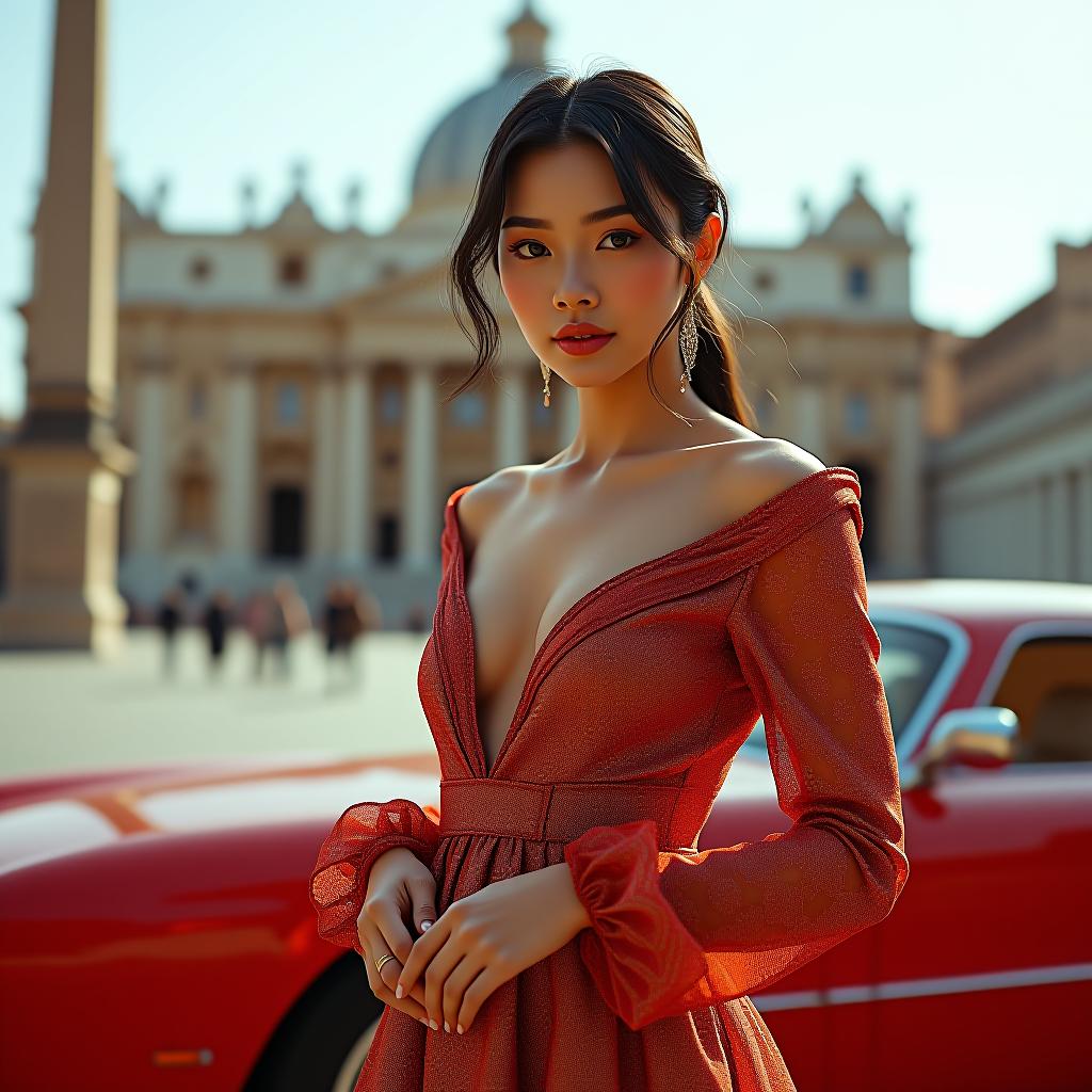  design an italian haute couture dress outfit . use an asian supermodel on the photoshoot with a vintage italian super car at vatican city. hyperrealistic, full body, detailed clothing, highly detailed, cinematic lighting, stunningly beautiful, intricate, sharp focus, f/1. 8, 85mm, (centered image composition), (professionally color graded), ((bright soft diffused light)), volumetric fog, trending on instagram, trending on tumblr, HDR 4K, 8K