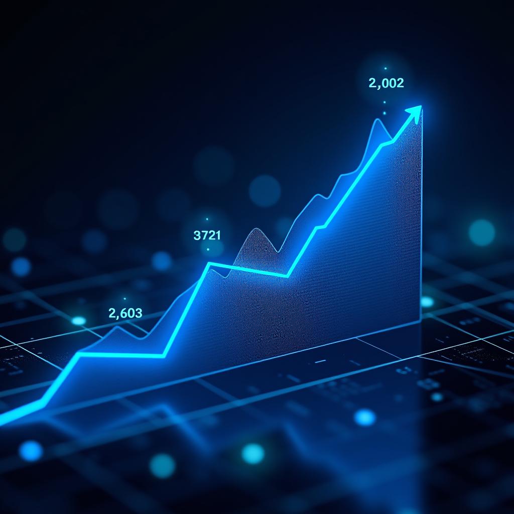  a line graph showing the ssec starting from around 2,823. the line should show an upward trajectory, possibly reaching near 3,000, reflecting the predicted growth. use a blue toned color scheme for the graph line, with glowing data points highlighting key moments of growth. a dark, sleek background to emphasize the modern and technological theme. subtle glowing elements that suggest digital data flows or neural network connections.