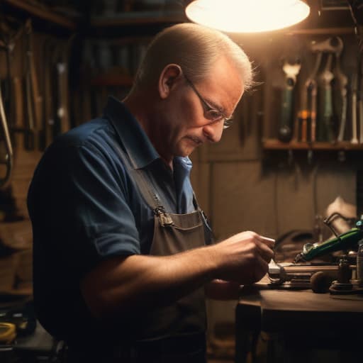 A photo of a skilled repair technician calibrating a shiny metal tool in a dimly lit garage during the early evening, with a single overhead light casting a warm, dramatic glow upon the scene.