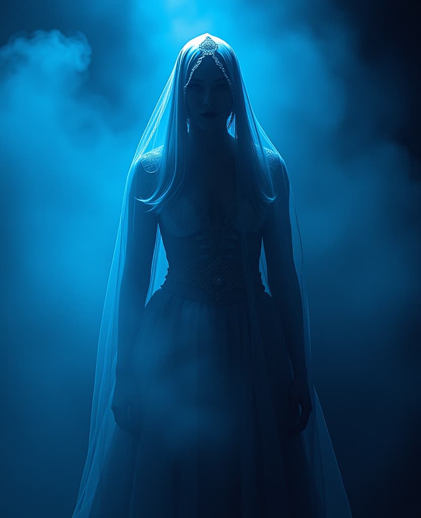  the spirit of the blue light hyperrealistic, full body, detailed clothing, highly detailed, cinematic lighting, stunningly beautiful, intricate, sharp focus, f/1. 8, 85mm, (centered image composition), (professionally color graded), ((bright soft diffused light)), volumetric fog, trending on instagram, trending on tumblr, HDR 4K, 8K