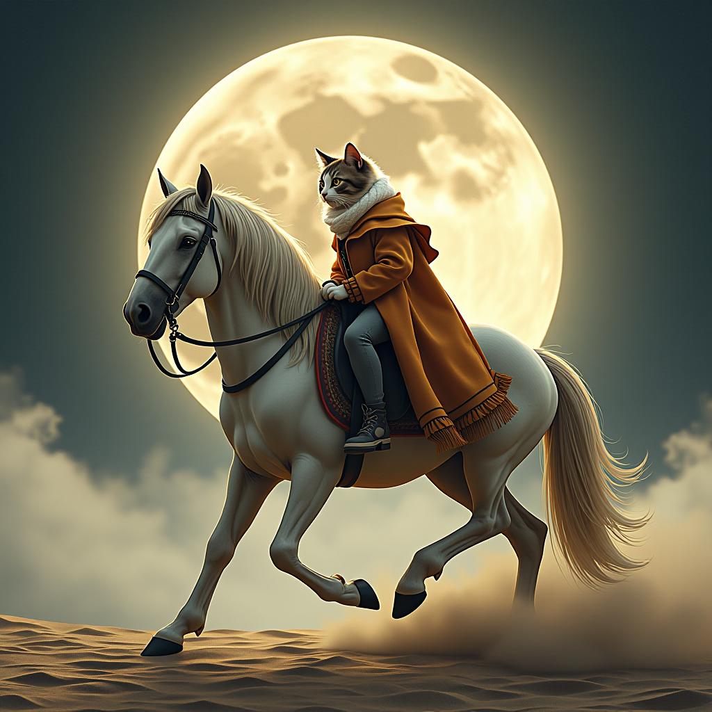  a cat riding a horse, hand drawn, on the moon, studio light, hdr 4k hyperrealistic, full body, detailed clothing, highly detailed, cinematic lighting, stunningly beautiful, intricate, sharp focus, f/1. 8, 85mm, (centered image composition), (professionally color graded), ((bright soft diffused light)), volumetric fog, trending on instagram, trending on tumblr, HDR 4K, 8K