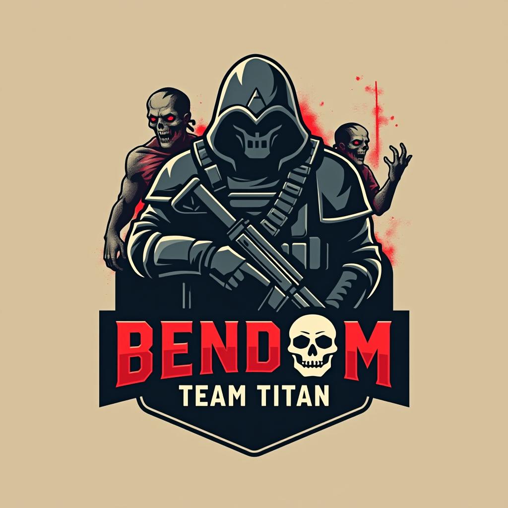  design a logo, french soldier with zombie behind him , with the text 'bendom team titan '.