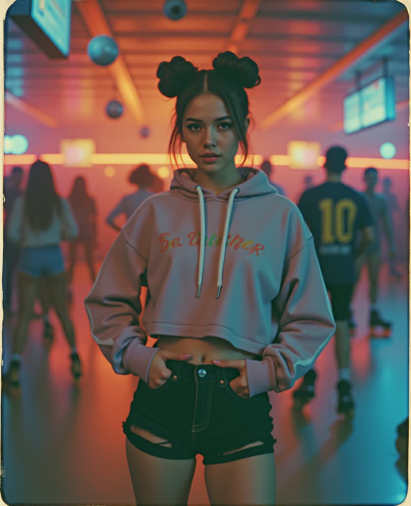  first person point of view 1980s polaroid photographic portrait of a confident woman wearing biker shorts with a cropped hoodie with bubble ponytail, the neon lit roller disco, with flashing neon lights, mirrored walls, disco ball casting shimmering reflections on the skaters as they groove to the beat of '80s music, saturated colours, aged photograph