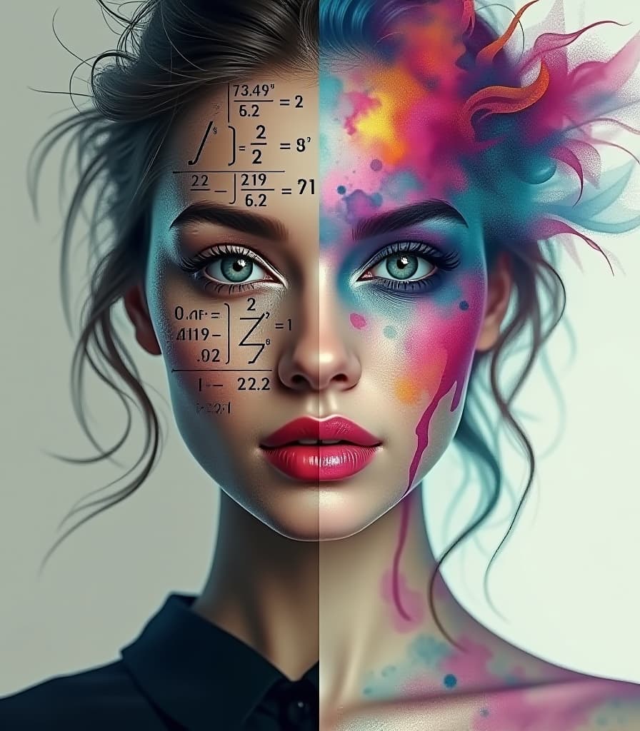  digital art, (diptych:1.4), portrait of abstract woman's face split on half, (left side of face covered math formulas:1.3), photo realistic, right (side of face glamor make up:1.2) watercolor wash manga anime, two parts in one art, surrealism style hyperrealistic, full body, detailed clothing, highly detailed, cinematic lighting, stunningly beautiful, intricate, sharp focus, f/1. 8, 85mm, (centered image composition), (professionally color graded), ((bright soft diffused light)), volumetric fog, trending on instagram, trending on tumblr, HDR 4K, 8K