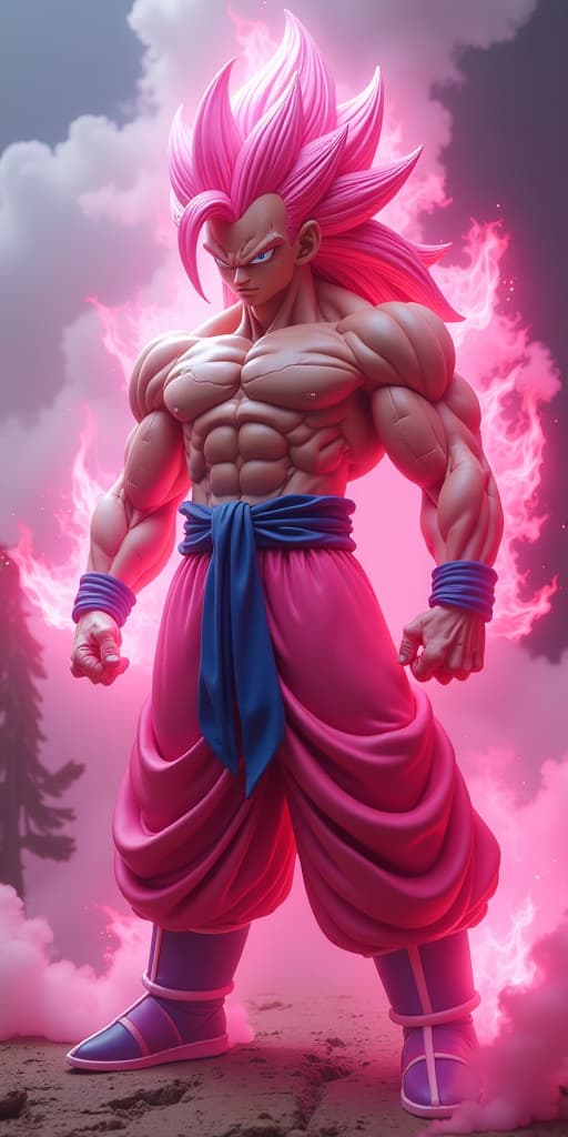  generate an art image.from dragon ball super series gogeta ssg light pink form hyperrealistic, full body, detailed clothing, highly detailed, cinematic lighting, stunningly beautiful, intricate, sharp focus, f/1. 8, 85mm, (centered image composition), (professionally color graded), ((bright soft diffused light)), volumetric fog, trending on instagram, trending on tumblr, HDR 4K, 8K