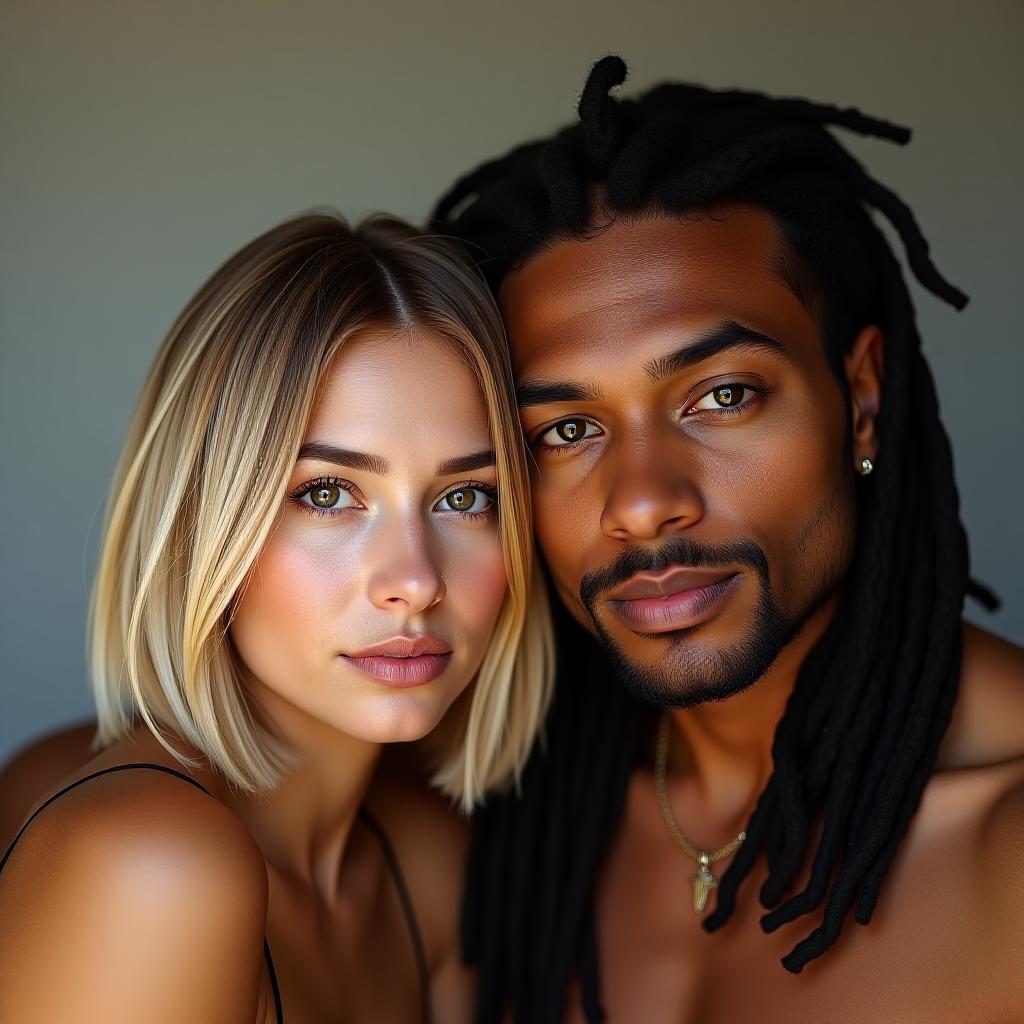  make an image of a bob haired honey blonde hair woman with brown eyes and tan olive skin with a tan man with long dreads in san francisco, california