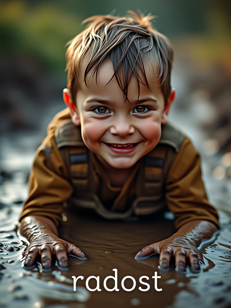  cinematic photo oil painting, bright colors, little boy in dirty and torn clothes, face in mud, lying in a muddy puddle and smiling cheerfully, text at the bottom in big letters "radost", high detail, high resolution, detailed skin, detailed eyes, detailed background, deep sharpness, dynamic pose, hyperrealism, lots of small details, perfect composition and angle. . 35mm photograph, film, bokeh, professional, 4k, highly detailed hyperrealistic, full body, detailed clothing, highly detailed, cinematic lighting, stunningly beautiful, intricate, sharp focus, f/1. 8, 85mm, (centered image composition), (professionally color graded), ((bright soft diffused light)), volumetric fog, trending on instagram, trending on tumblr, HDR 4K, 8K