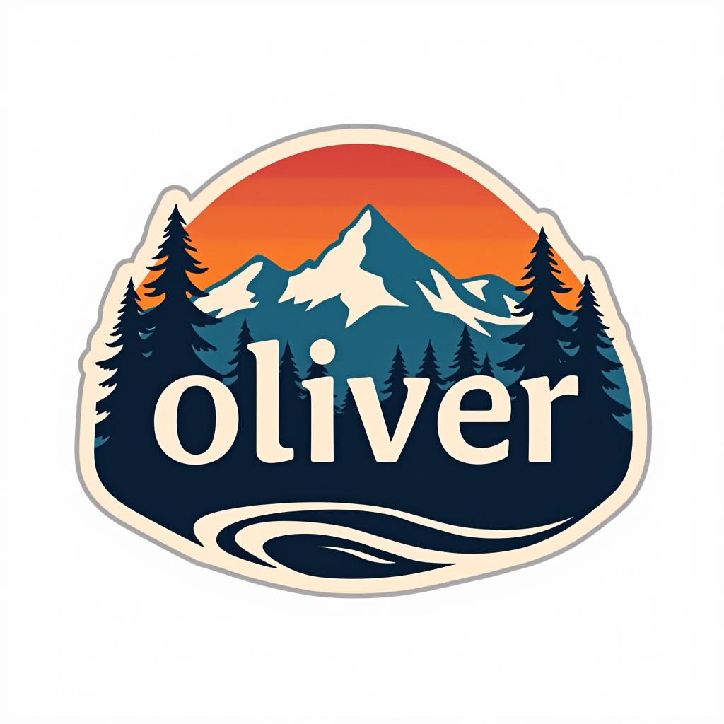  design a logo, custom sticker design on an isolated white background with the bold words ‘oliver’ with a backdrop of a mountain range, and silhouettes of pine trees at sunset